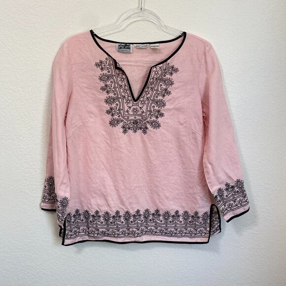 Richard Malcolm 100% Irish Linen Top Light Pink with Black Embroidery Size 10 - Picture 1 of 7